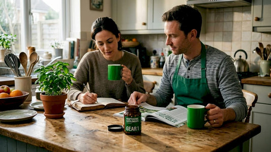 Couple sharing morning tea routine in kitchen