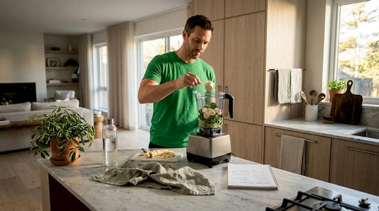 Man preparing morning smoothie in kitchen