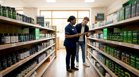 Pharmacy aisle with male wellness supplements