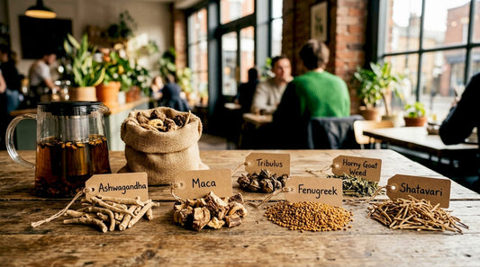 Close-up of six herbal roots on wooden table