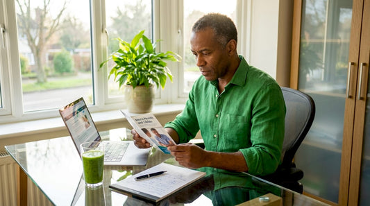 Thoughtful man reading brochure in home office