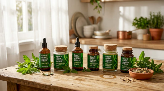 Arrangement of six natural herbal product bottles on rustic table