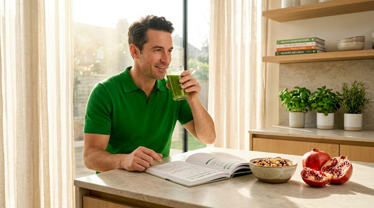 Man drinking smoothie and reading health journal