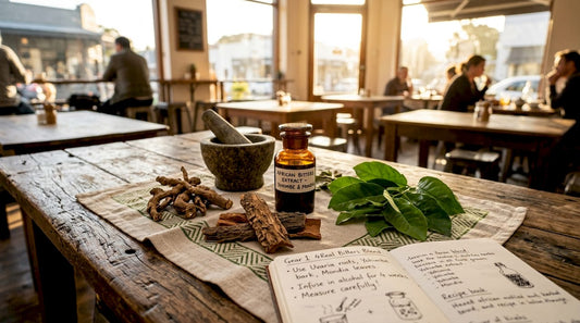 Traditional African herbs and mortar on wooden table