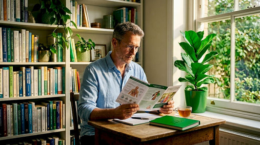 Man reading health materials at home desk
