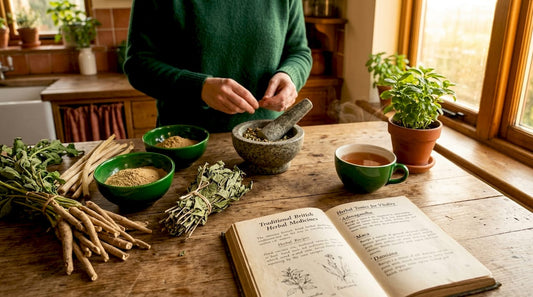 Top-down view of natural herbs and herbal tea on wooden table