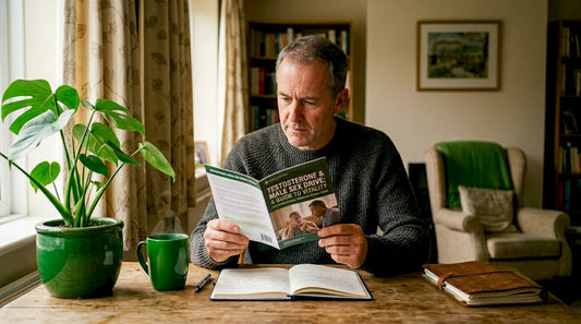 Man reading brochure about testosterone and sex drive