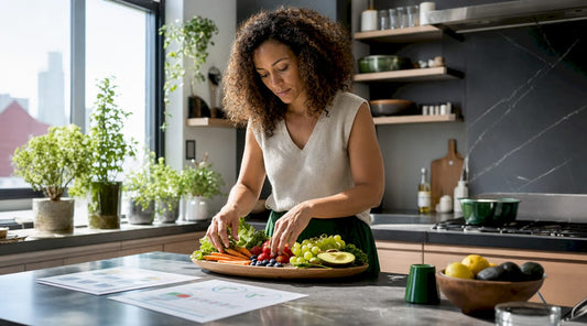 Nutritionist preparing healthy salad with reports