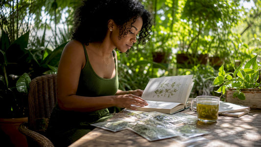 Woman studying herbal remedies at home desk