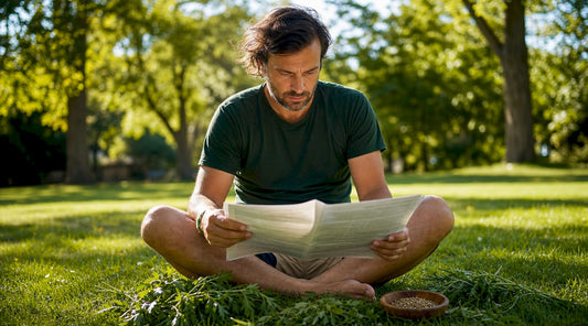Man reading about male sexual drive in home study