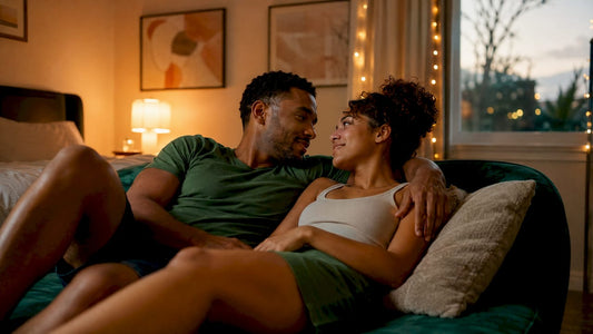 Couple sharing intimate moment in warm living room
