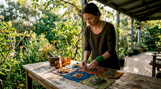 Herbalist examining aphrodisiac herbs at kitchen table