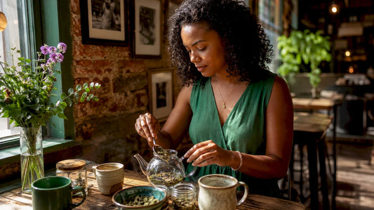 Woman preparing herbal wellness drink in kitchen