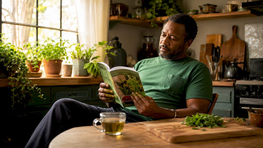Man reading herbal remedies pamphlet at kitchen table