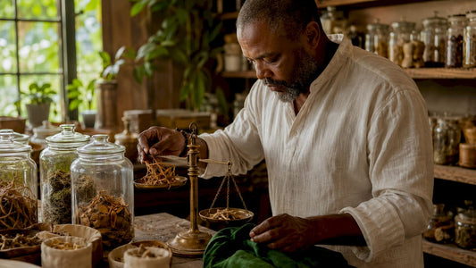Herbalist weighing dried root herbs indoors