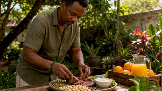 Man preparing plate of zinc-rich healthy foods in kitchen