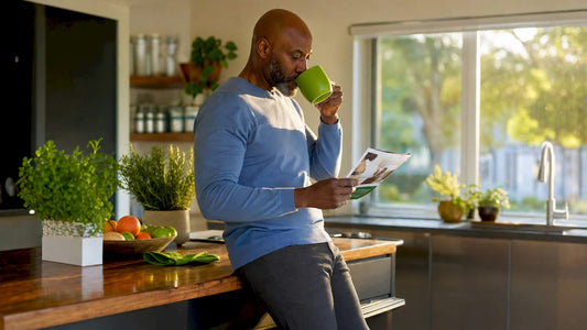 Man reading male sexual health pamphlet at home