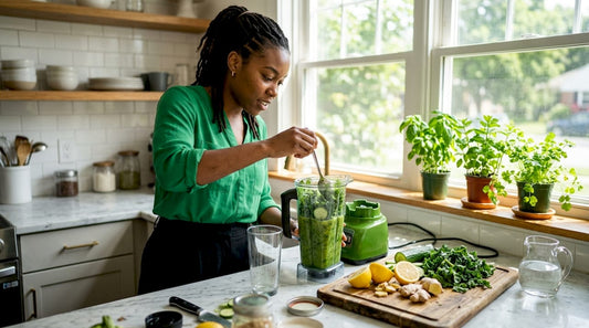 Woman preparing detox smoothie outdoors