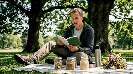Man studying herbal supplements for stamina