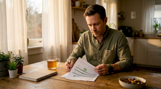 Man reviewing hormone test results at desk