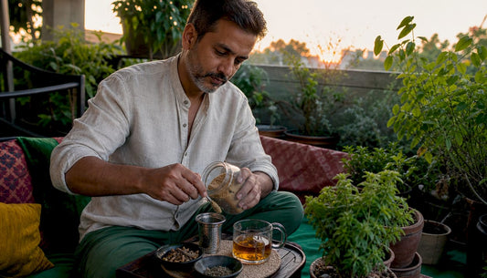 Man preparing herbal remedy at kitchen table