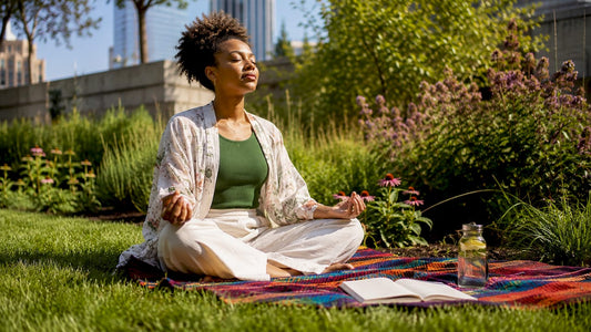 Woman practicing relaxation breathing in bedroom