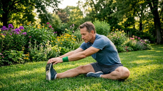 Man stretching on yoga mat in home gym