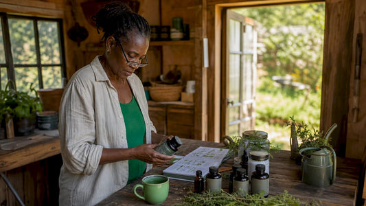 Woman reviewing herbal supplement bottles at kitchen table