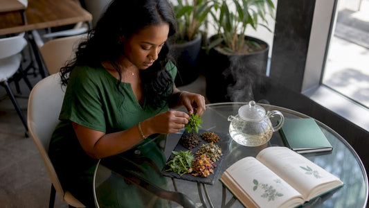 Woman preparing herbal tea at kitchen table