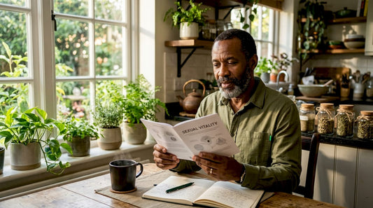 Man reading about sexual vitality at home