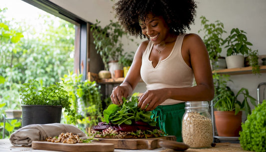 Woman preparing colorful plant-based meal in kitchen