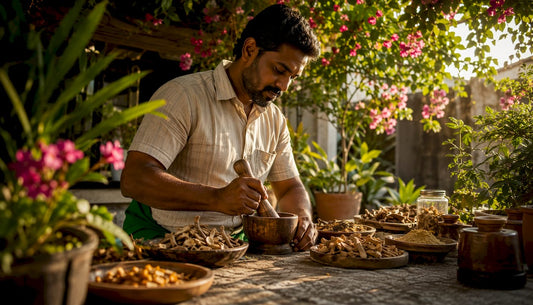 Herbalist preparing natural endurance herbs in greenhouse