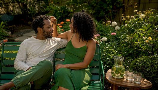Couple reconnecting on sofa, natural setting