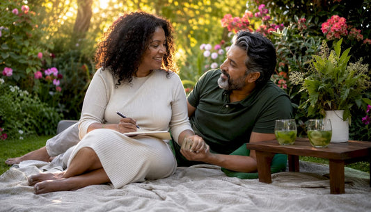 Couple thoughtfully reconnecting on sofa