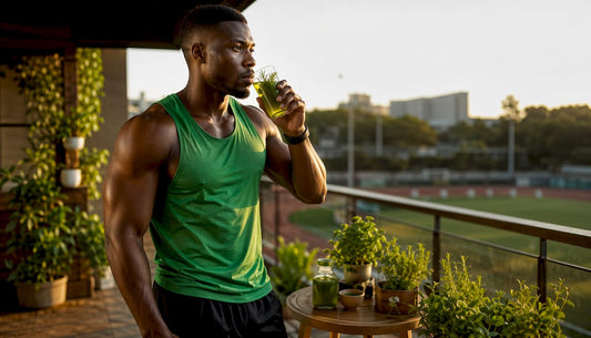 Athlete drinking herbal energy booster indoors