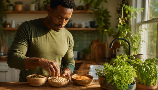 A man preparing a meal with pumpkin seeds, cashews and lentils in wooden bowls on a kitchen worktop, with herbs growing by the window