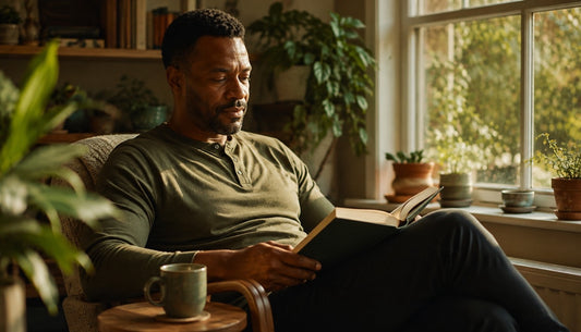 A man sitting by a window in natural light, reading, with a mug of tea and leafy houseplants around him