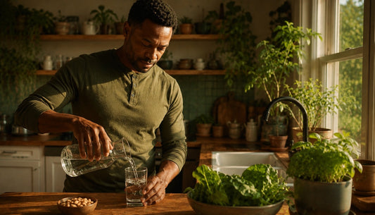 A man pouring a glass of water at a kitchen counter in evening light, with nuts and leafy greens nearby and herbs growing by the window