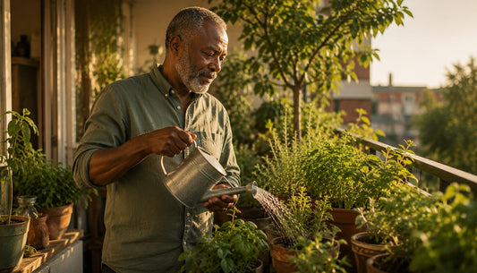 An older man watering potted herbs on a sunlit balcony garden, surrounded by green foliage and terracotta pots