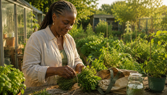 Woman tying a bundle of fresh green herbs at a sunlit allotment potting bench