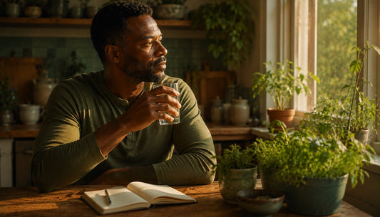 Man at a kitchen table reading the back of a bottle, notebook open in front of him